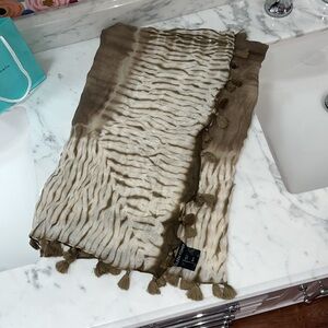 Eileen Fisher Silk Crinkled Scarf Wrap Sarong Shibori Boho Tassels Brown Tie Dye